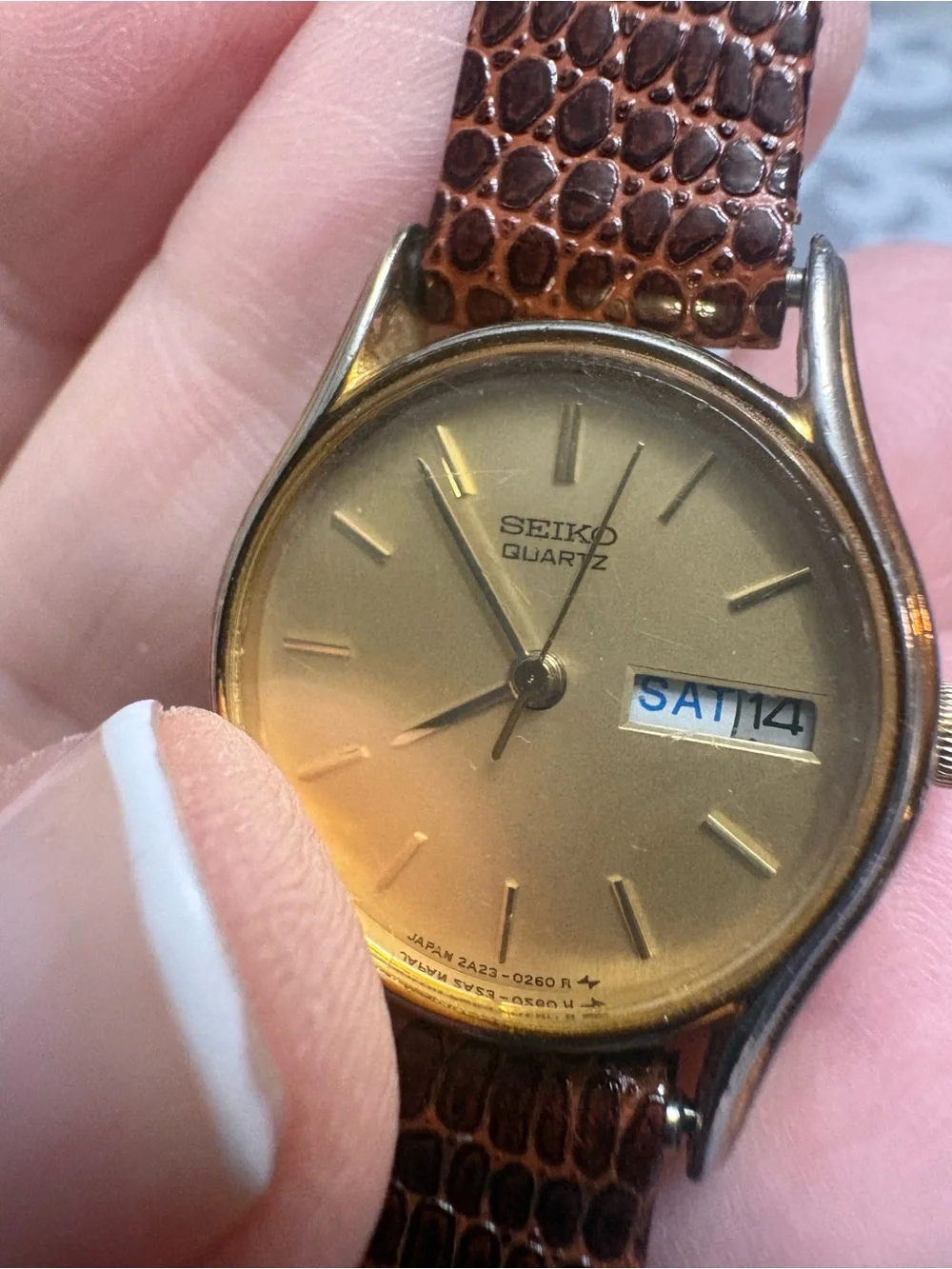 Seiko Gold Dial Quartz Watch with Brown Croc-Pattern Strap 1988